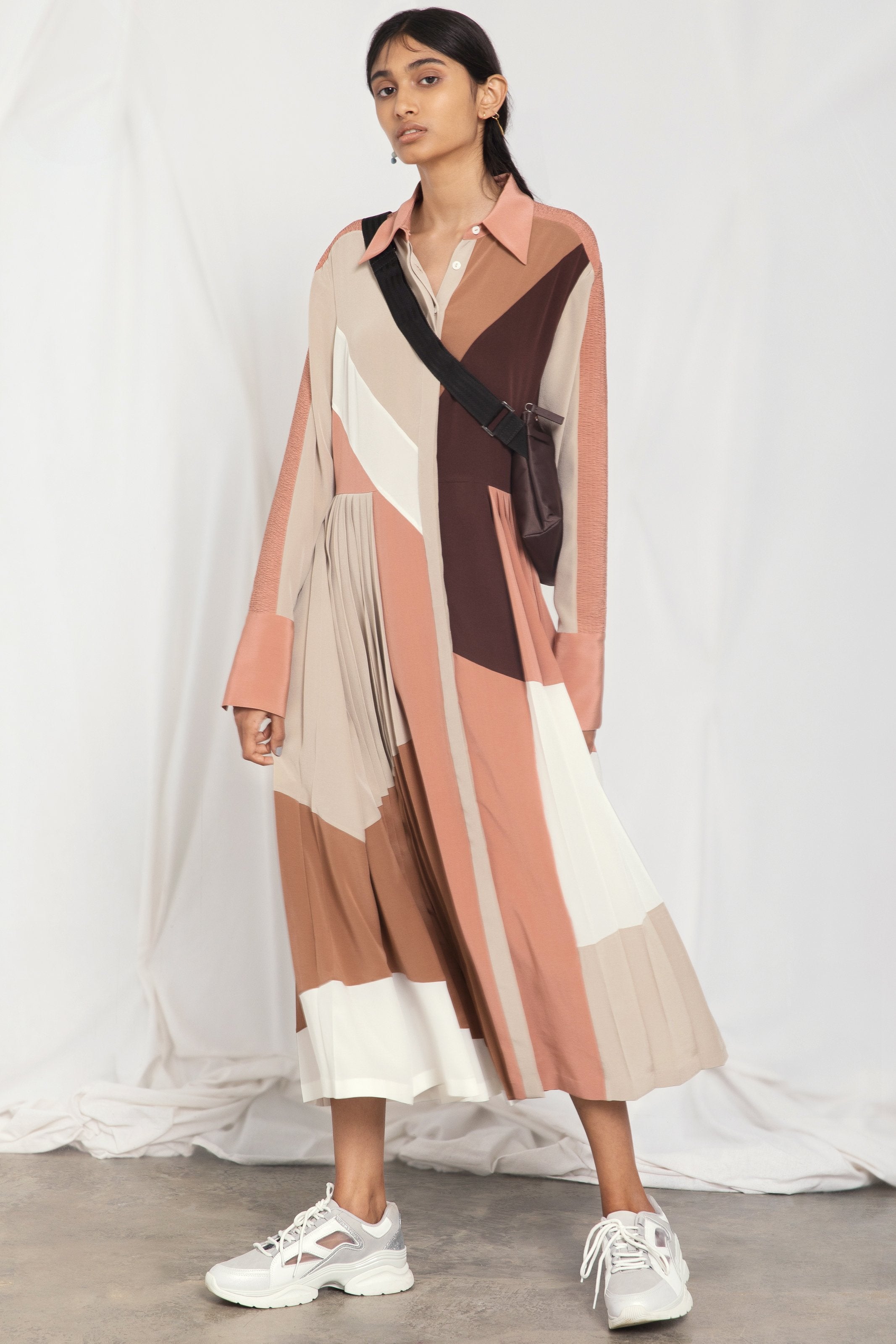Colour-block pleated silk dress – Bodice Studio International