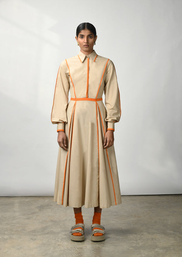 Classic collared shirt dress with hand bound pleats