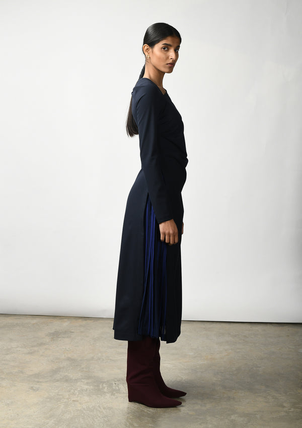 Asymmetric midi dress with pleat inserts