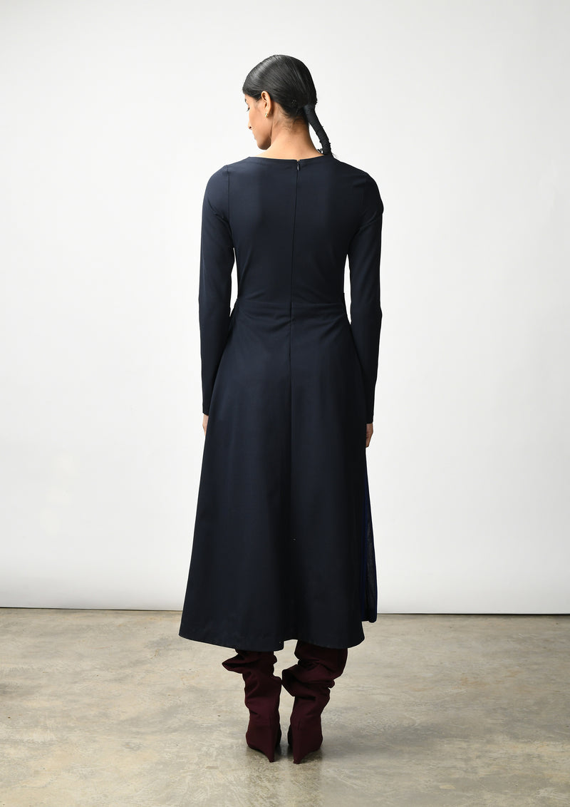 Asymmetric midi dress with pleat inserts