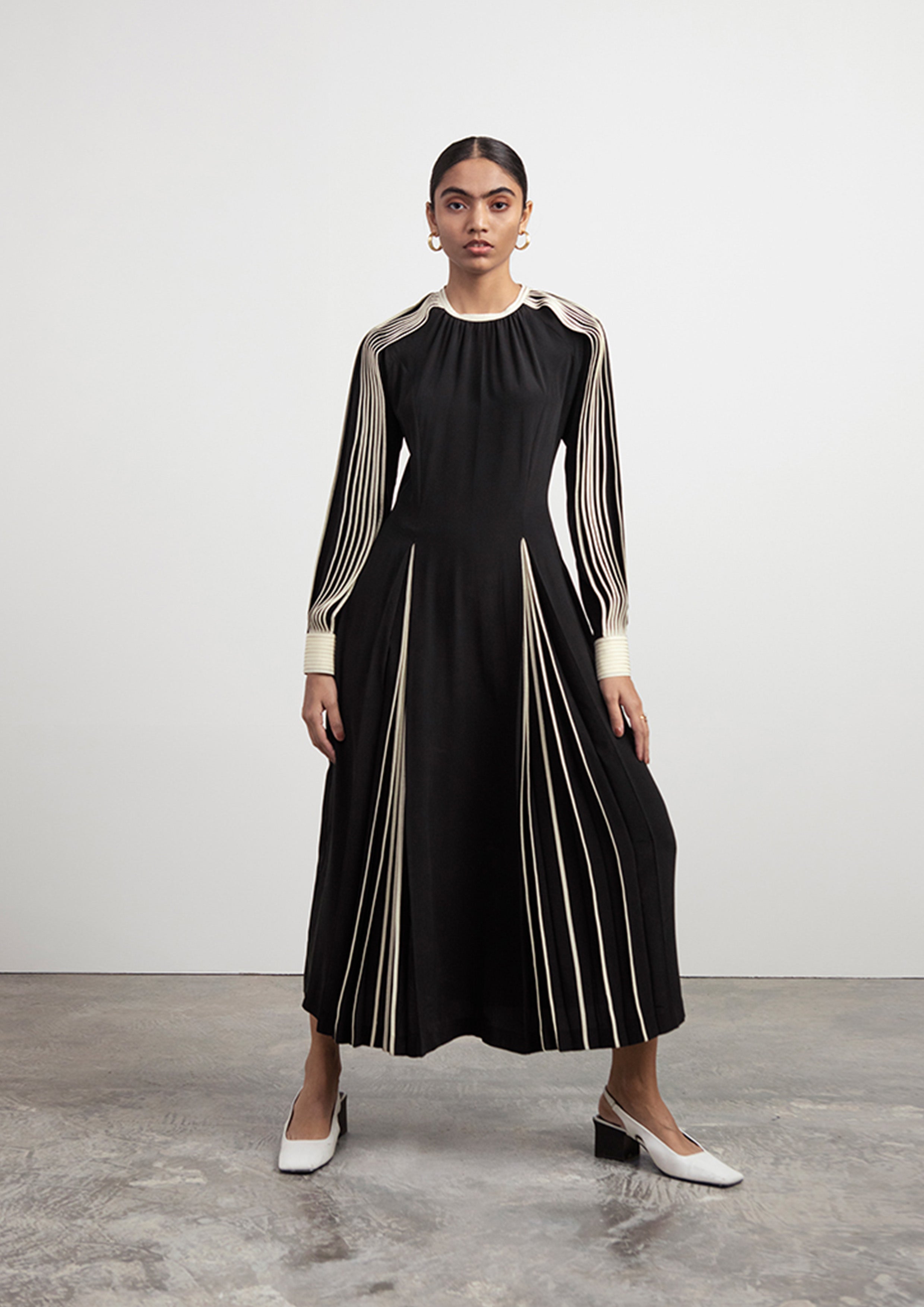 Silk Dress with Hand-bound Pleated Sleeves