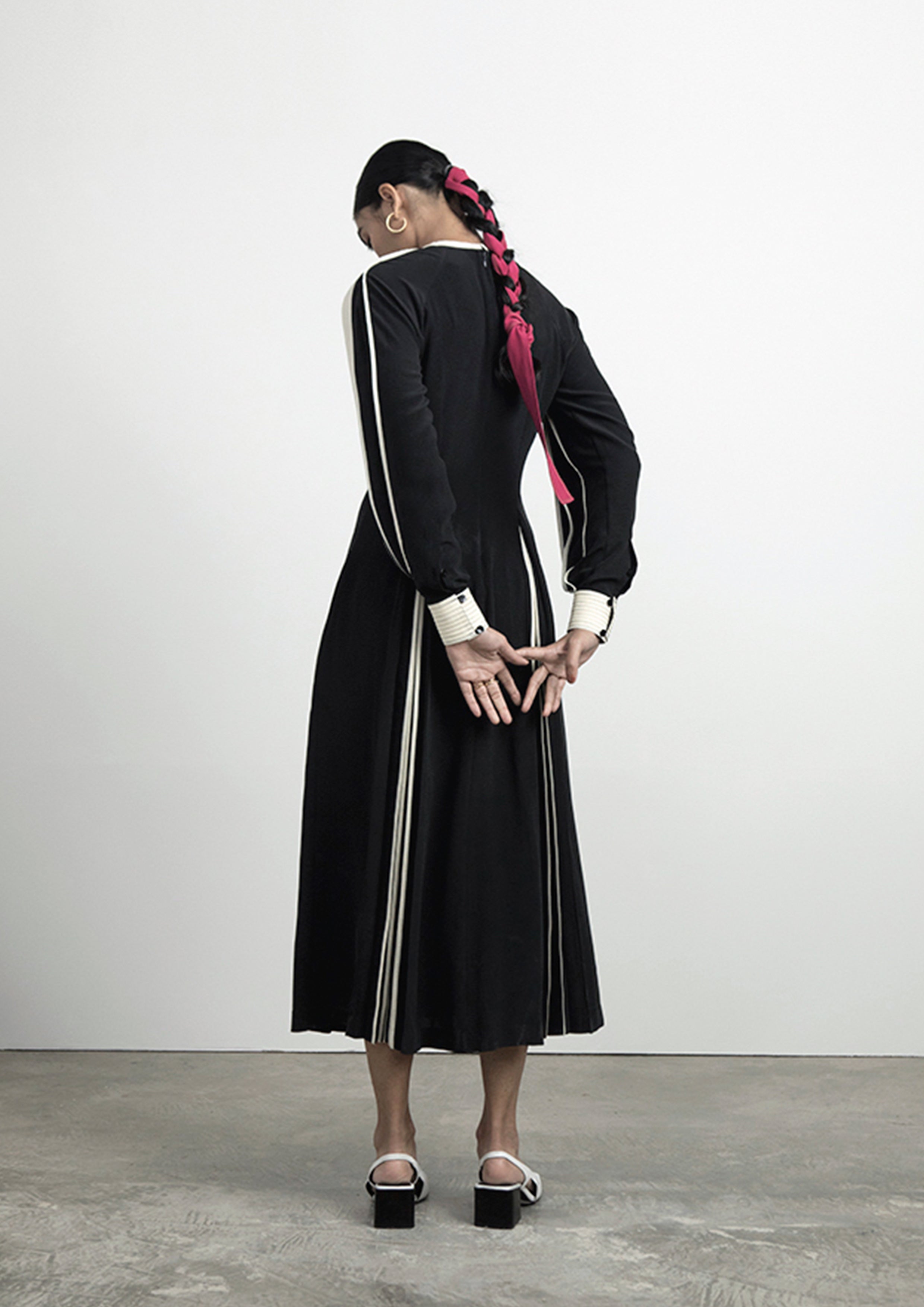 Silk Dress with Hand-bound Pleated Sleeves