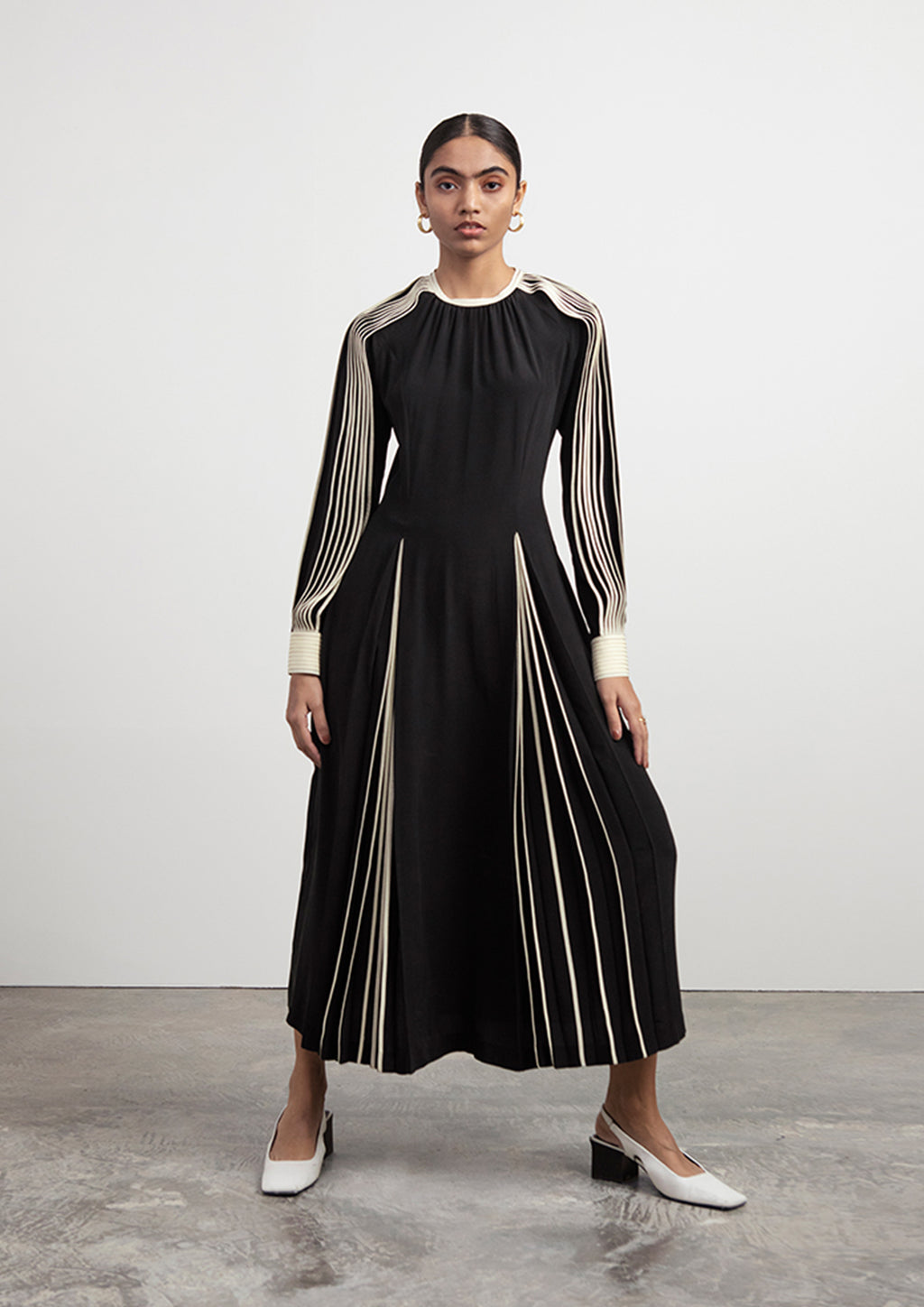 Silk Dress with Hand-bound Pleated Sleeves