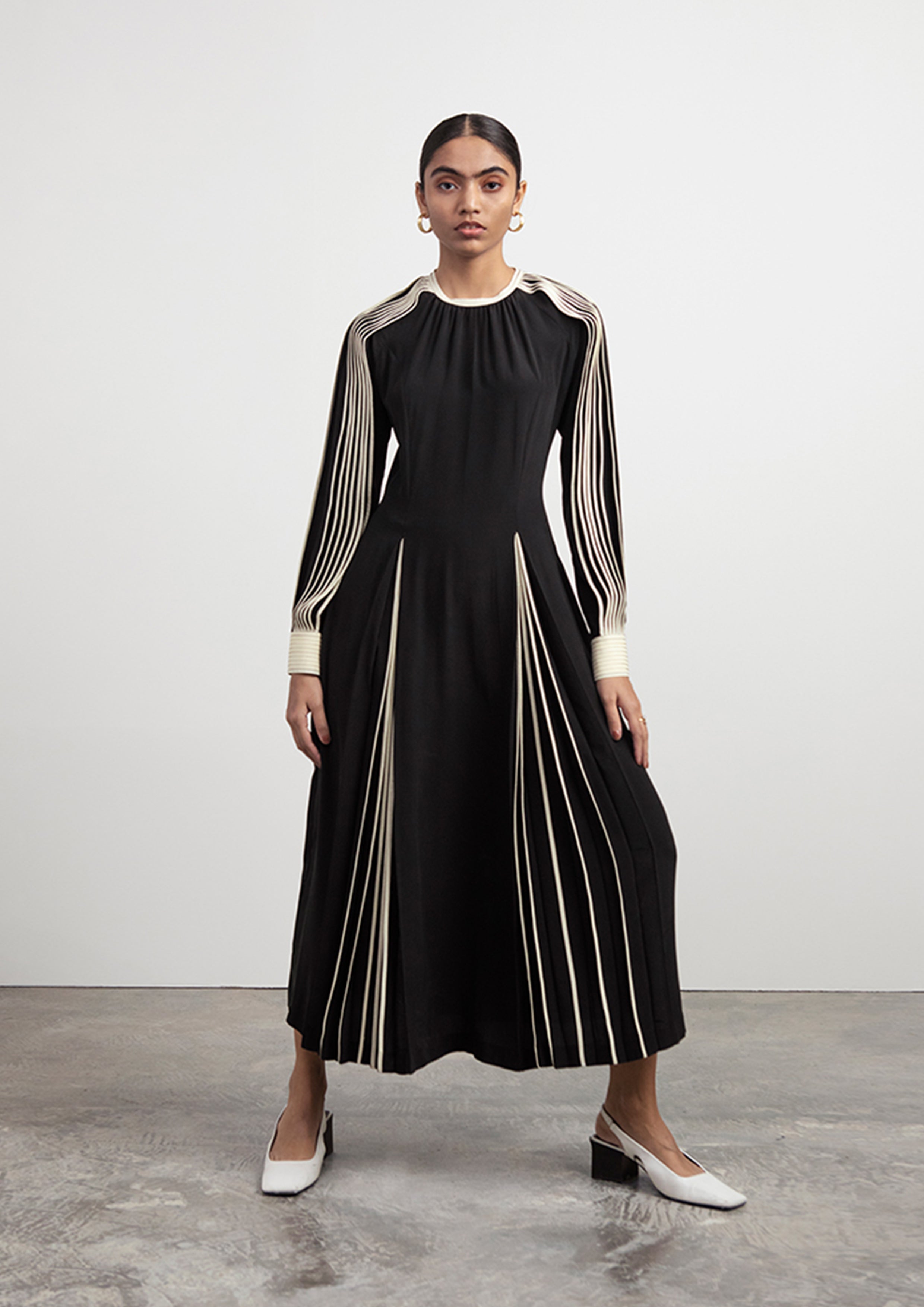 Silk Dress with Hand-bound Pleated Sleeves
