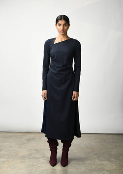 Asymmetric midi dress with pleat inserts