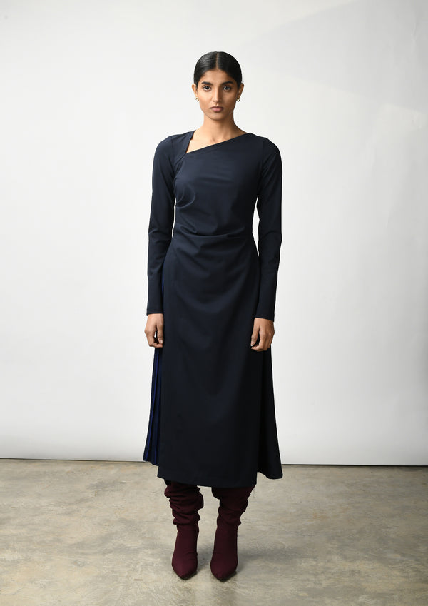 Asymmetric midi dress with pleat inserts