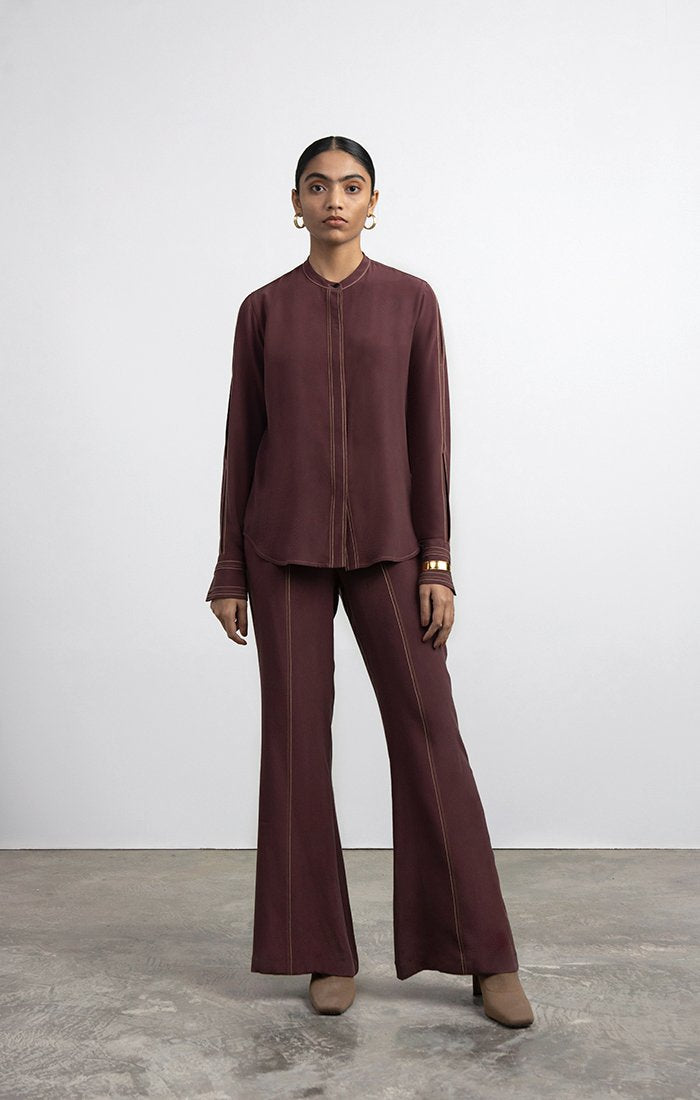 Band-collar Silk Blouse with Slits