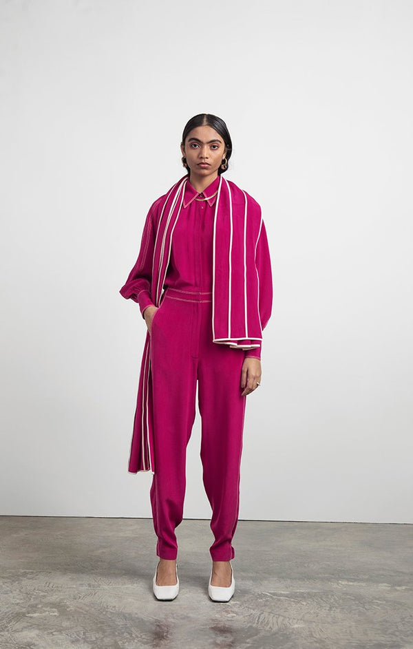 Silk Jumpsuit with Hand-bound Pleated Sleeves