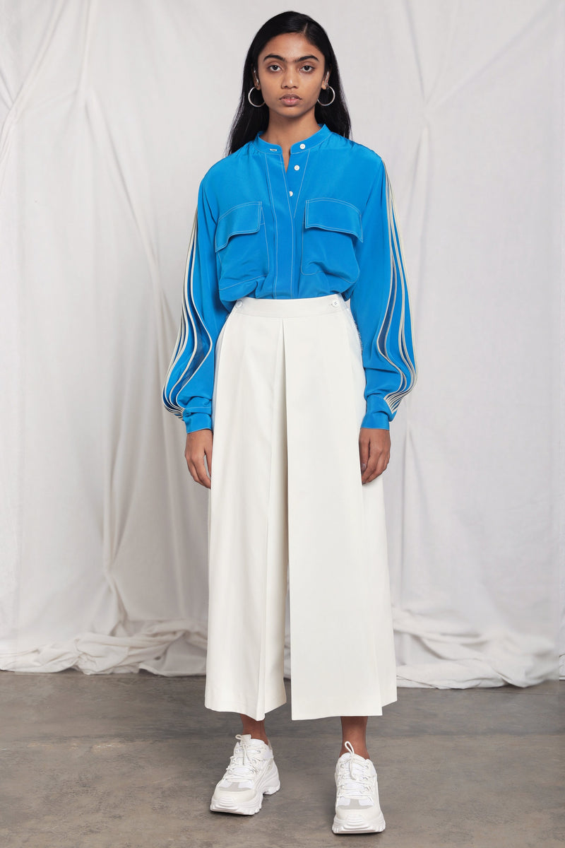 Band collar shirt with pleated sleeves