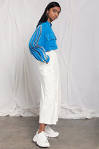Band collar shirt with pleated sleeves