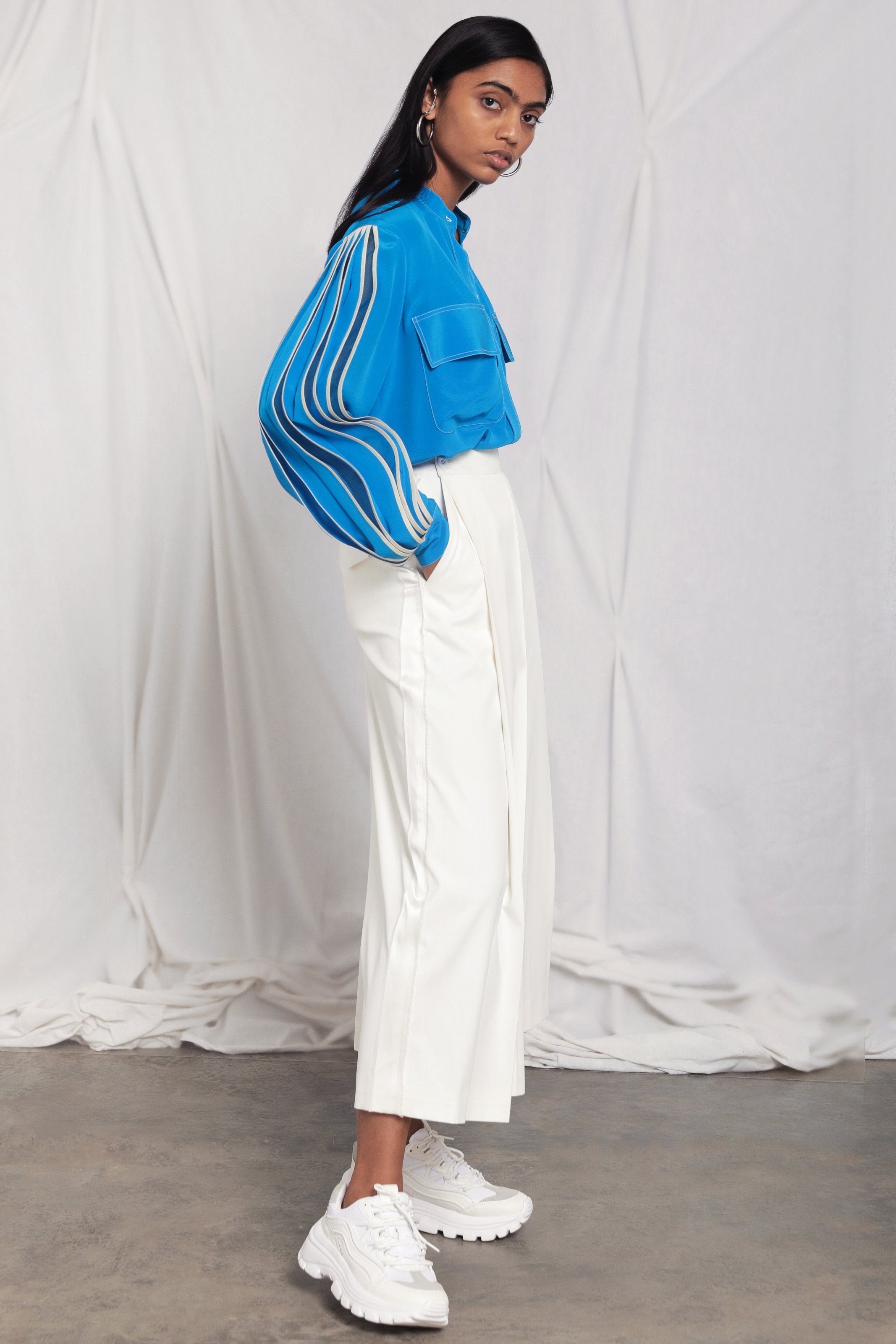 Band collar shirt with pleated sleeves