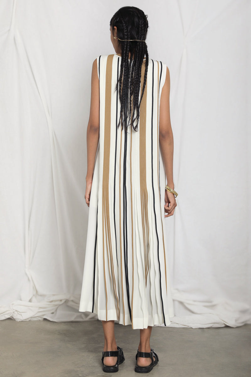 Sleeveless silk dress with multi-colour binding