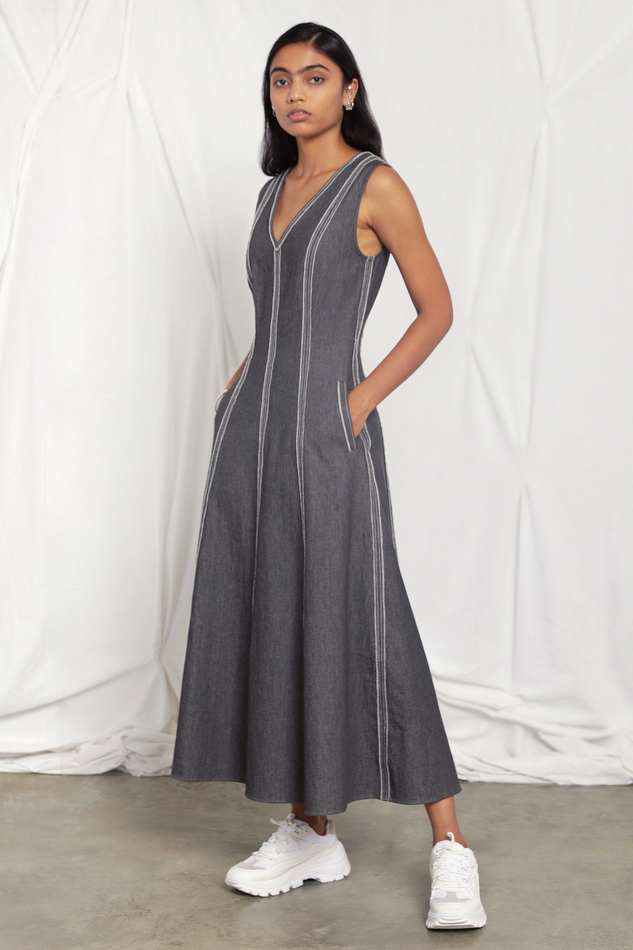 V-neck raw edge denim dress