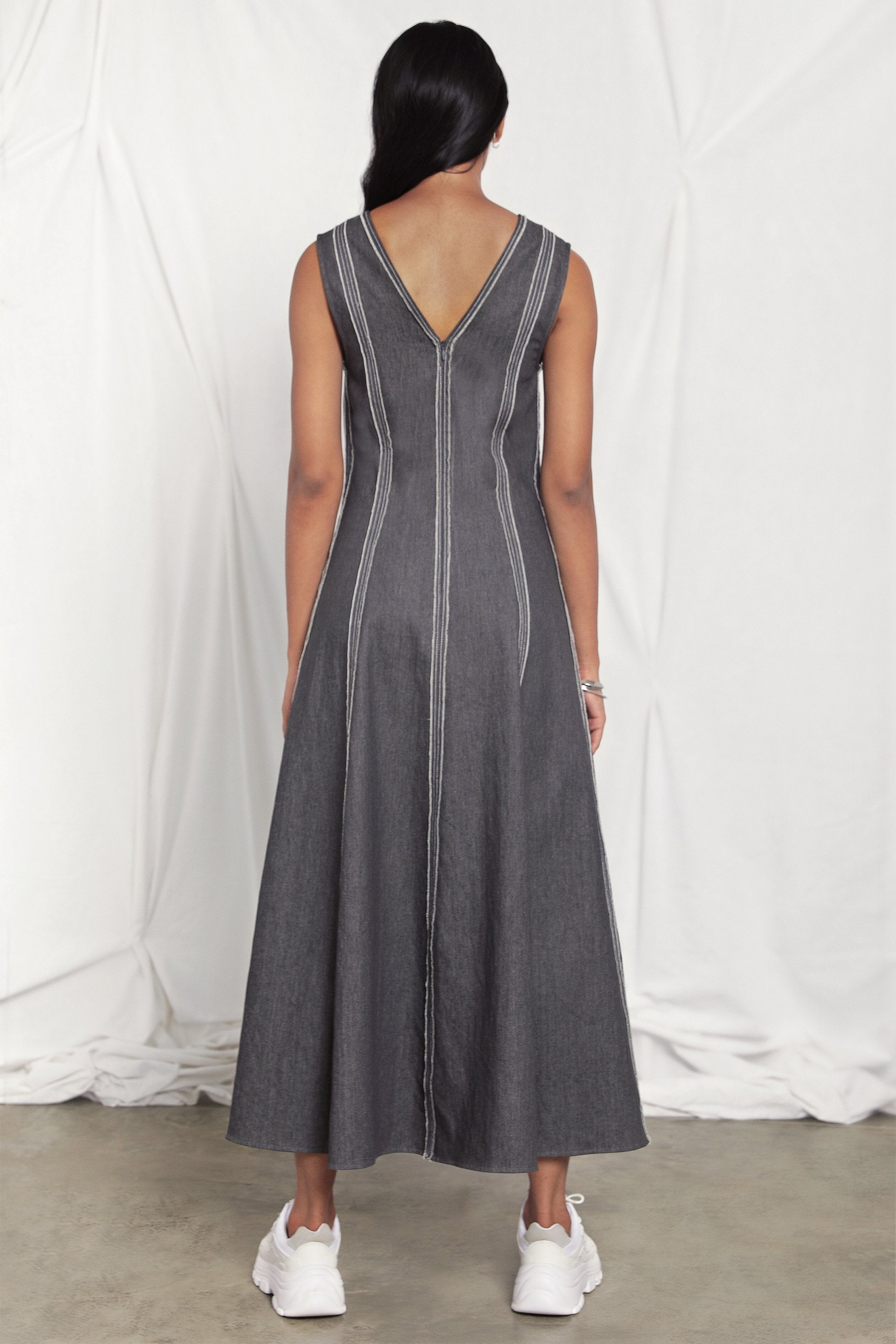 V-neck raw edge denim dress