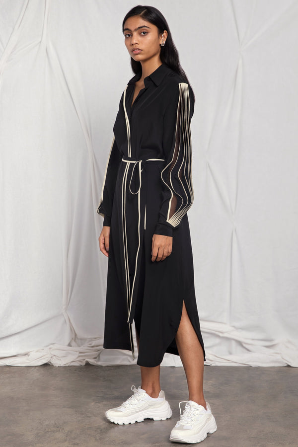 Belted shirt dress with pleated sleeves