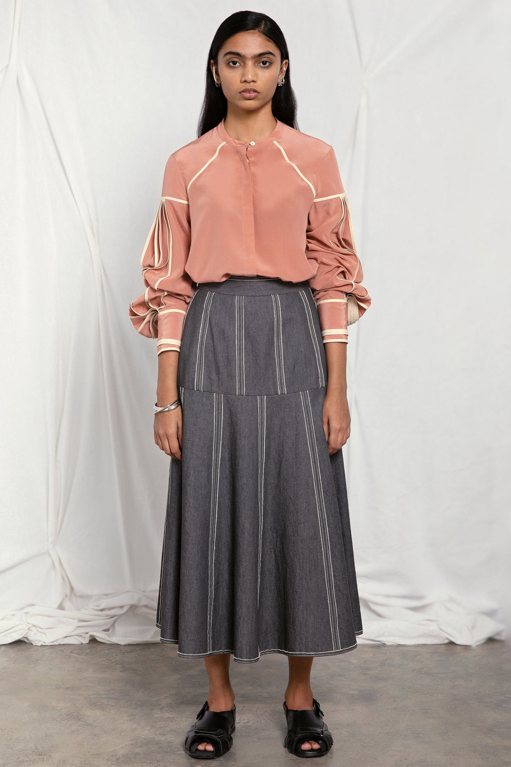 Band collar silk shirt