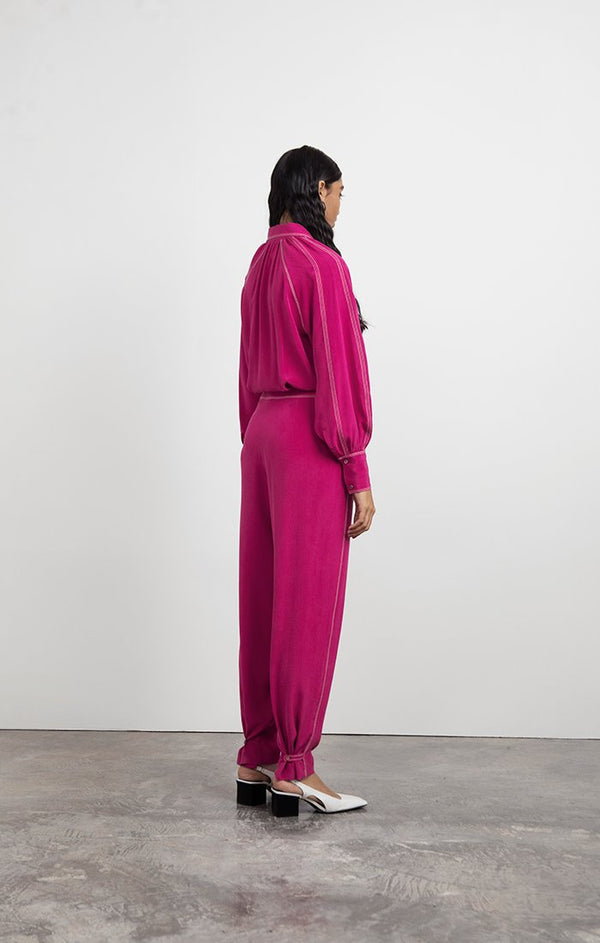 Silk Jumpsuit with Hand-bound Pleated Sleeves