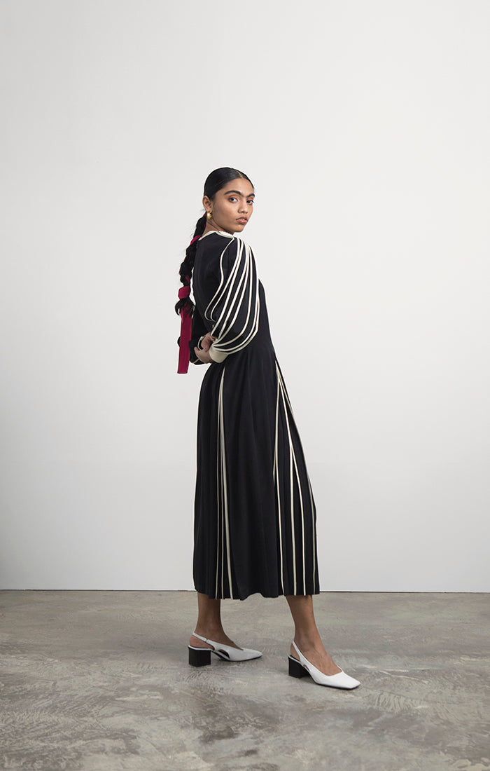 Silk Dress with Hand-bound Pleated Sleeves