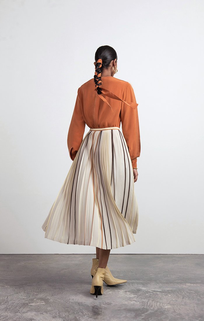 Silk Blouse with Top-stitched Pleated Sleeves