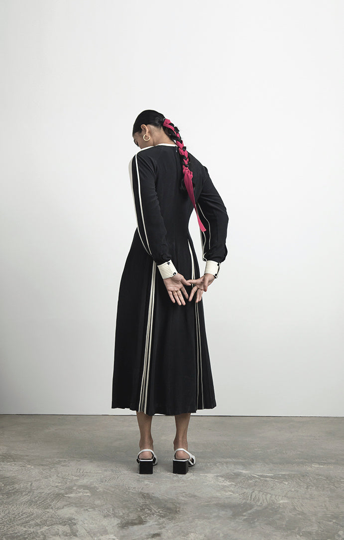 Silk Dress with Hand-bound Pleated Sleeves