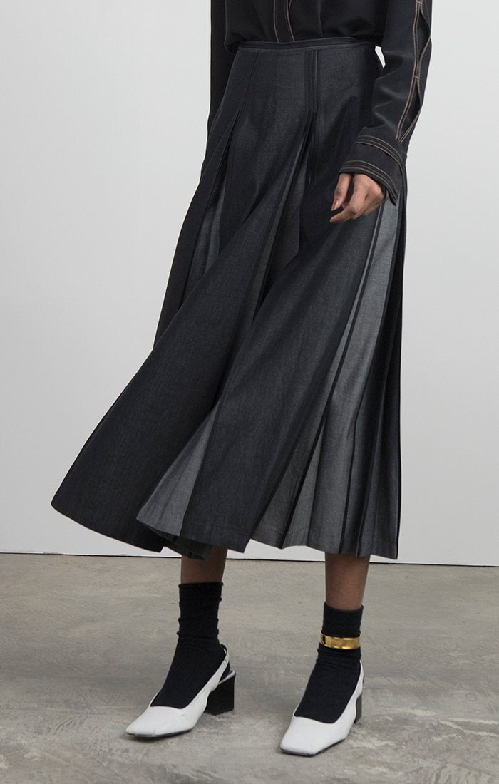 Denim Skirt with Partially Opened Pleats – Bodice Studio