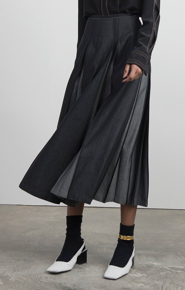 Denim Skirt with Partially Opened Pleats