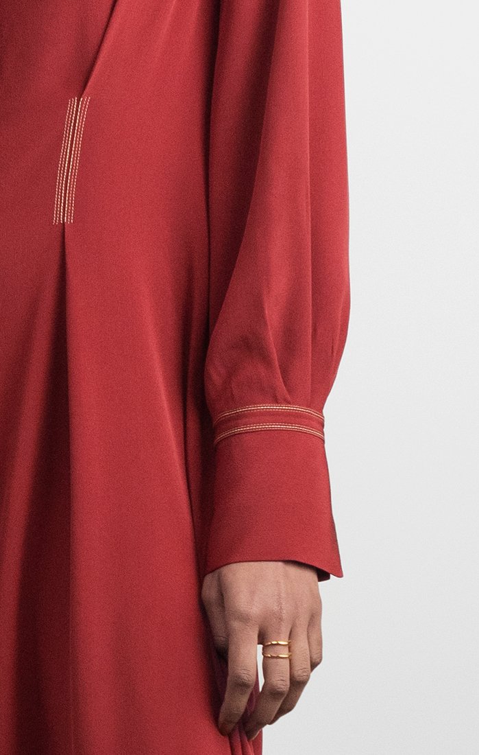 Silk Shirt Dress with Frontal Pleats