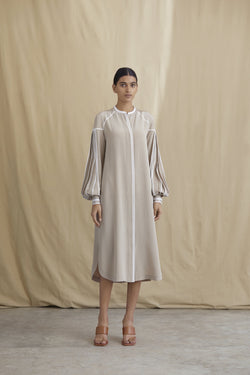 Shirt dress with pleated sleeves