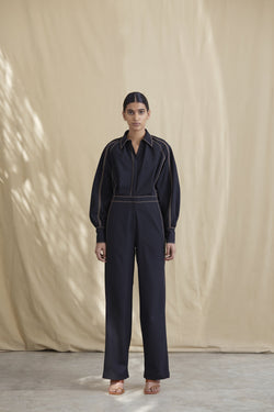 Wool Tailored Jumpsuit with Contrast Top-Stitch Detail