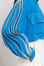 Band collar shirt with pleated sleeves