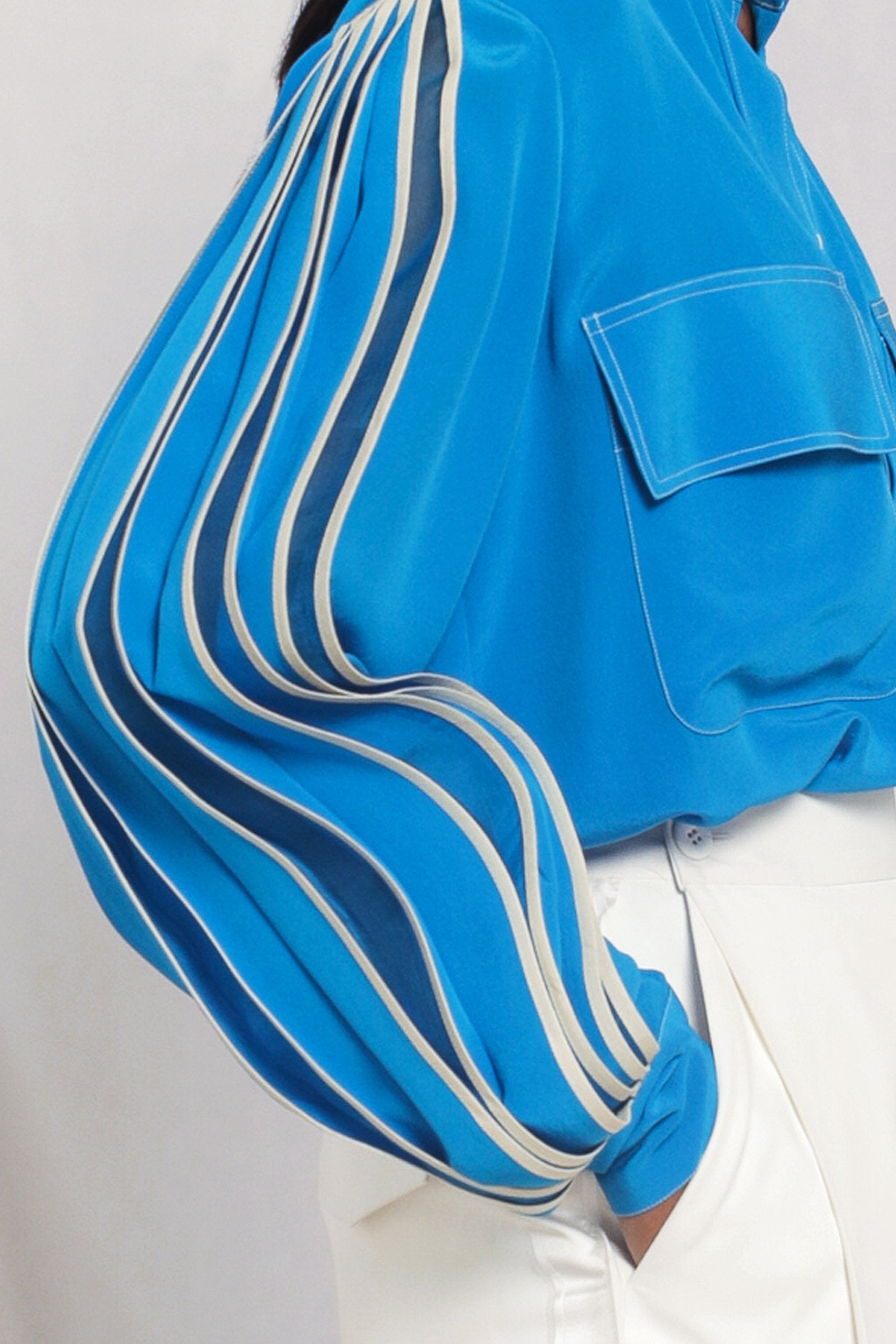 Band collar shirt with pleated sleeves