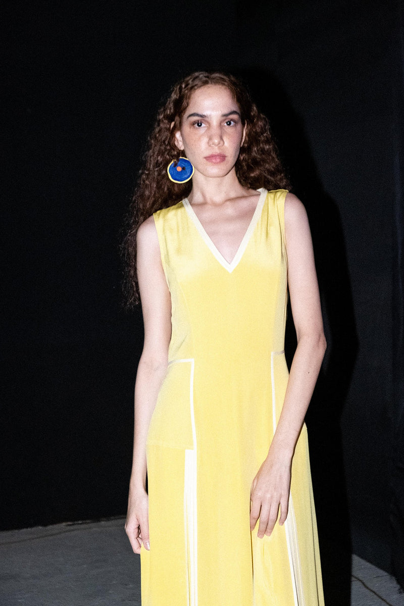 Sleeveless Silk Dress with Partially Opened Pleats